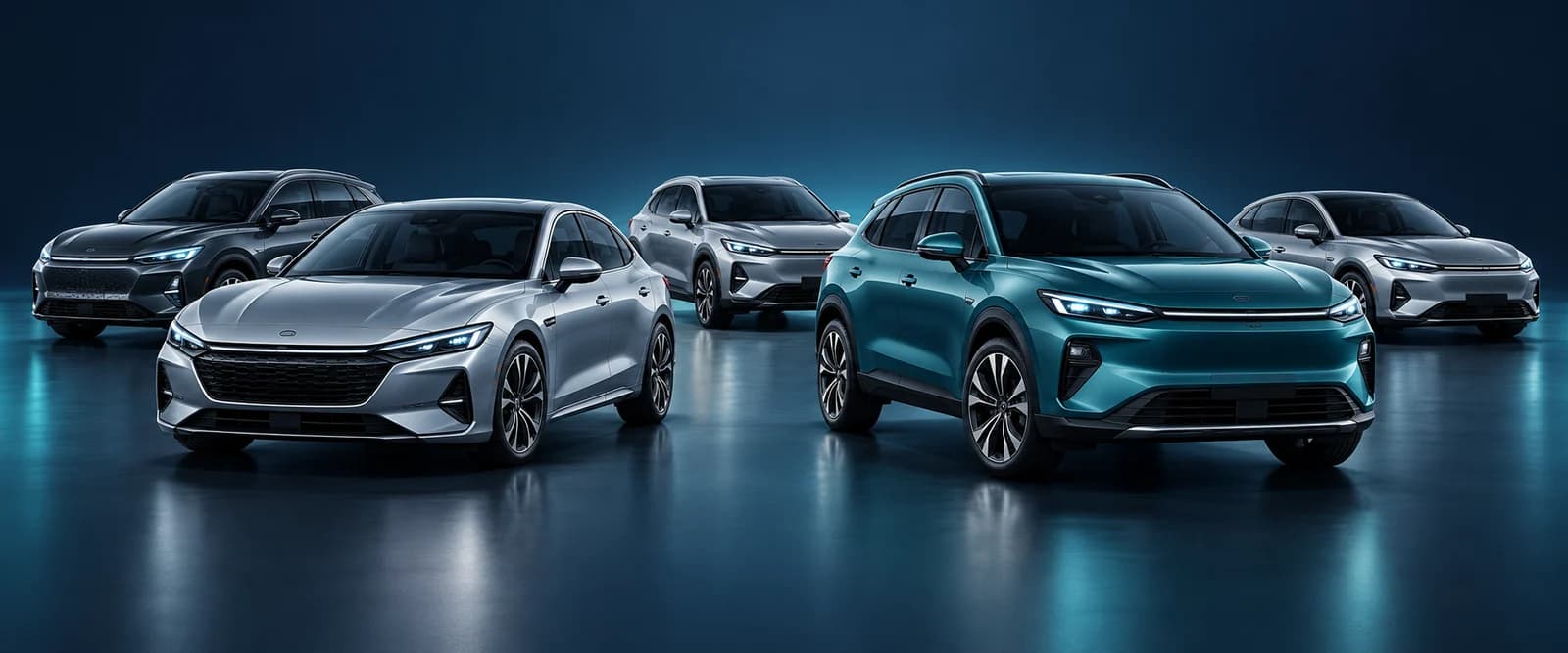 Studio rendering of a coordinated fleet of unbranded passenger cars and crossovers
