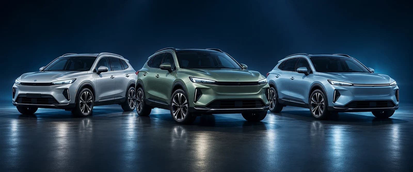 Studio rendering of silver, jade and ice-blue unbranded passenger vehicles