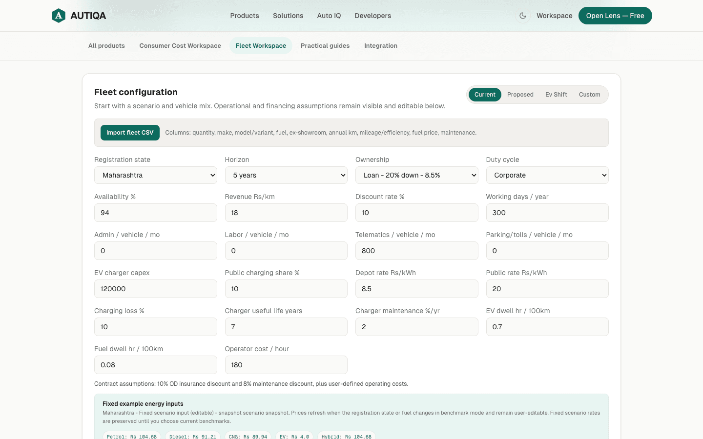 Fleet Workspace quantities, operating assumptions and CSV controls